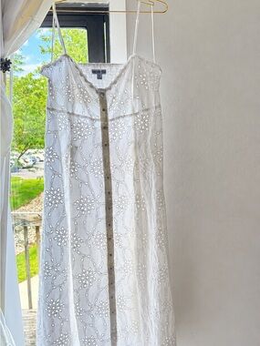 White Eyelet Maxi Dress with Button-Front Trim